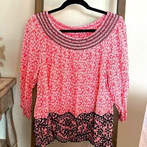 Fever women’s peasant style blouse pink with embroidered blue 3/4 sleeves size M